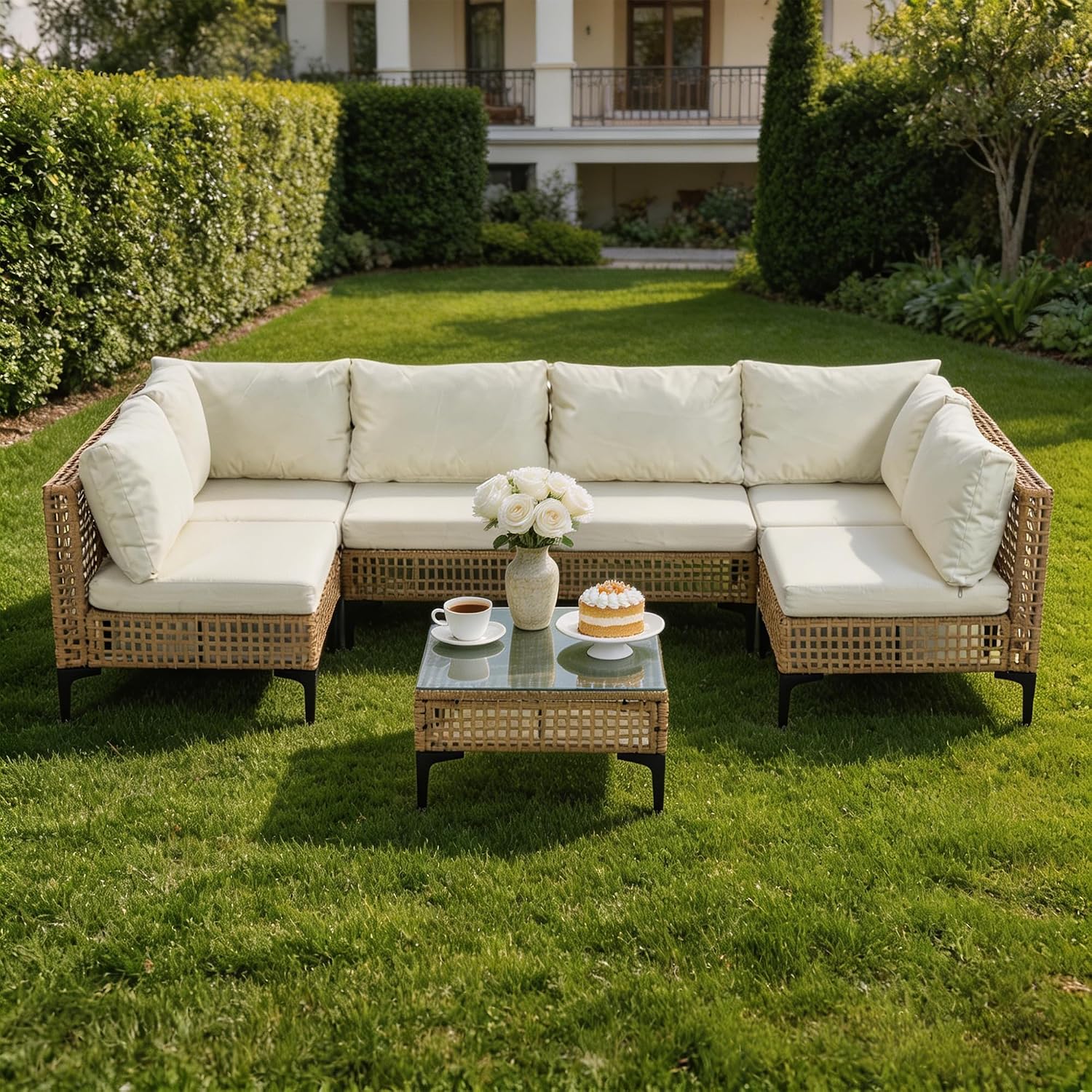 Beige 7pc All-Weather Wicker Patio Set