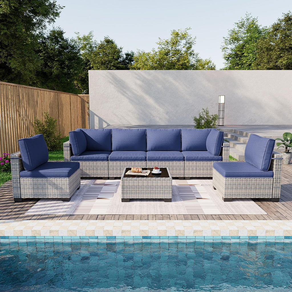 Navy Blue 7-Piece Rattan Patio Sectional Set