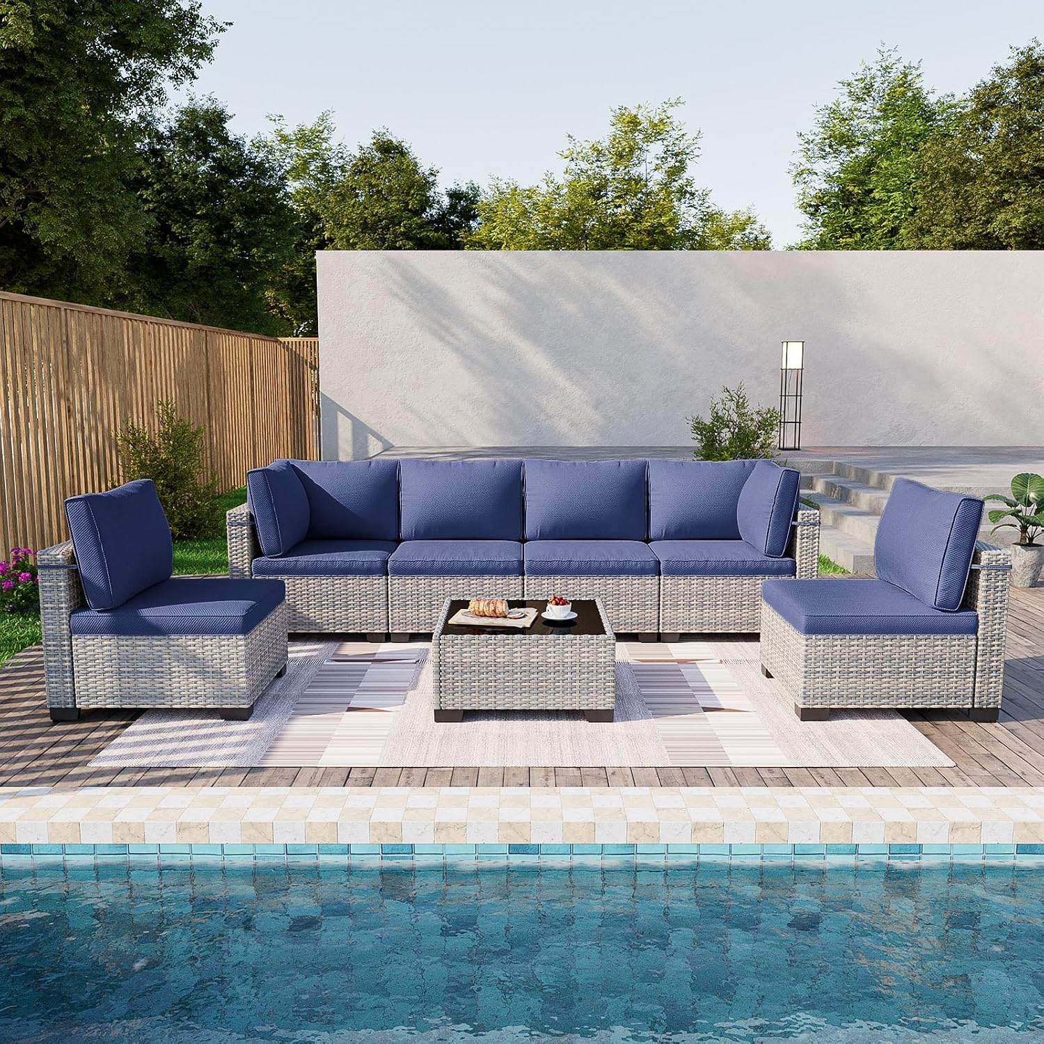 Navy Blue 7-Piece Rattan Patio Sectional Set