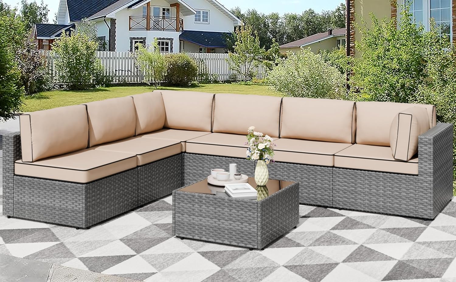 Gray Khaki 7pc Wicker Patio Set