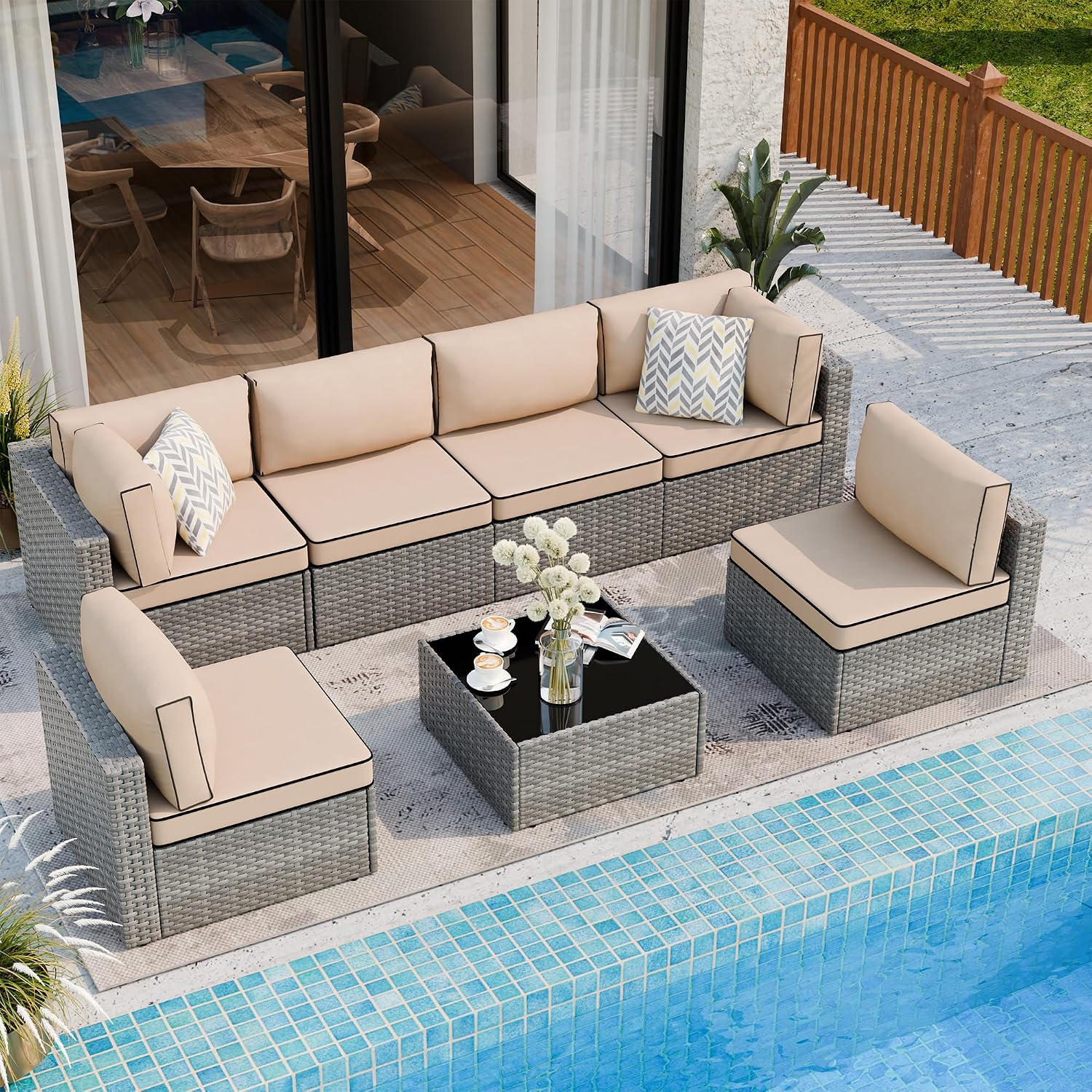 Gray Khaki 7pc Wicker Patio Set