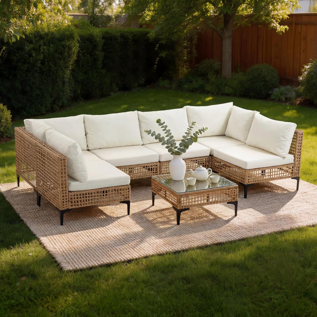 Beige 7pc All-Weather Wicker Patio Set