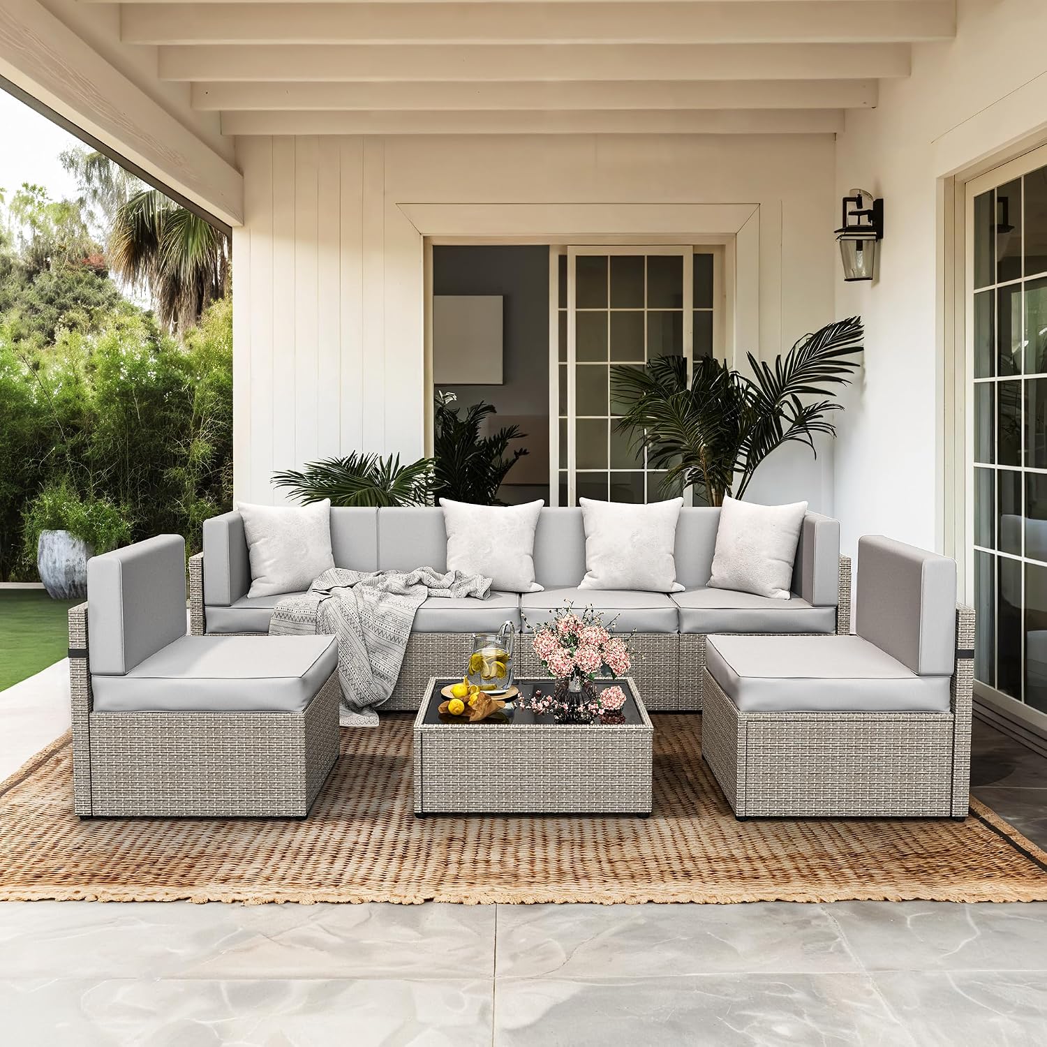 Gray 7-Piece All-Weather Wicker Patio Sectional Set