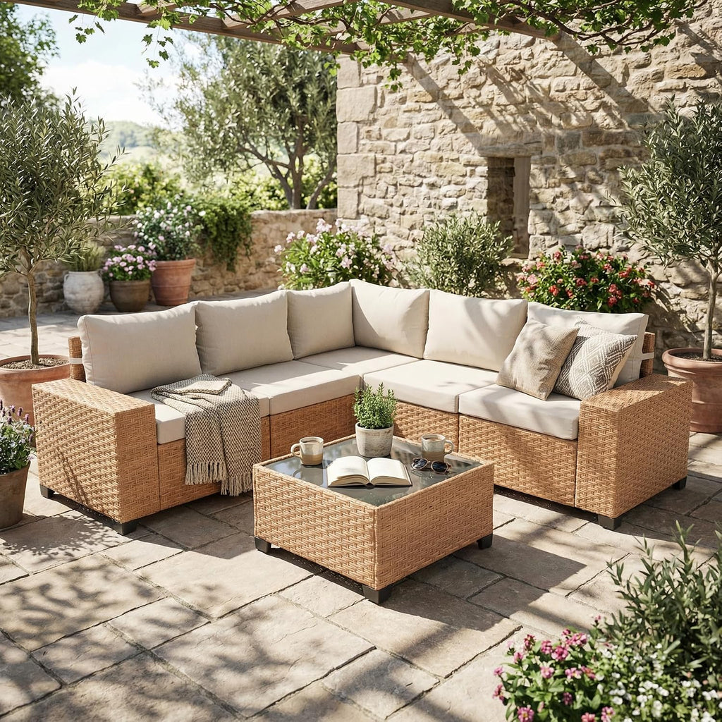 Natural 6pc Wicker Patio Sectional Set