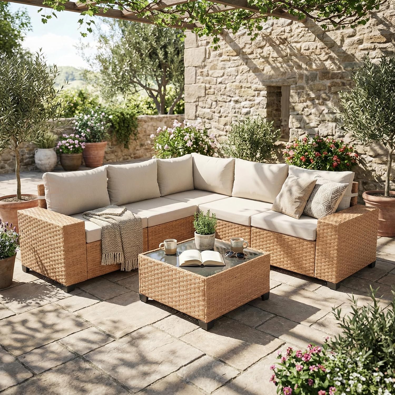 Natural 6pc Wicker Patio Sectional Set