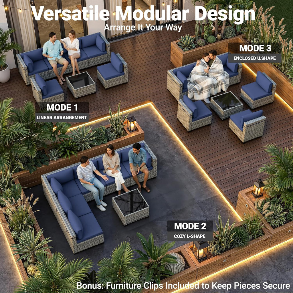 Navy Blue 7-Piece Rattan Patio Sectional Set