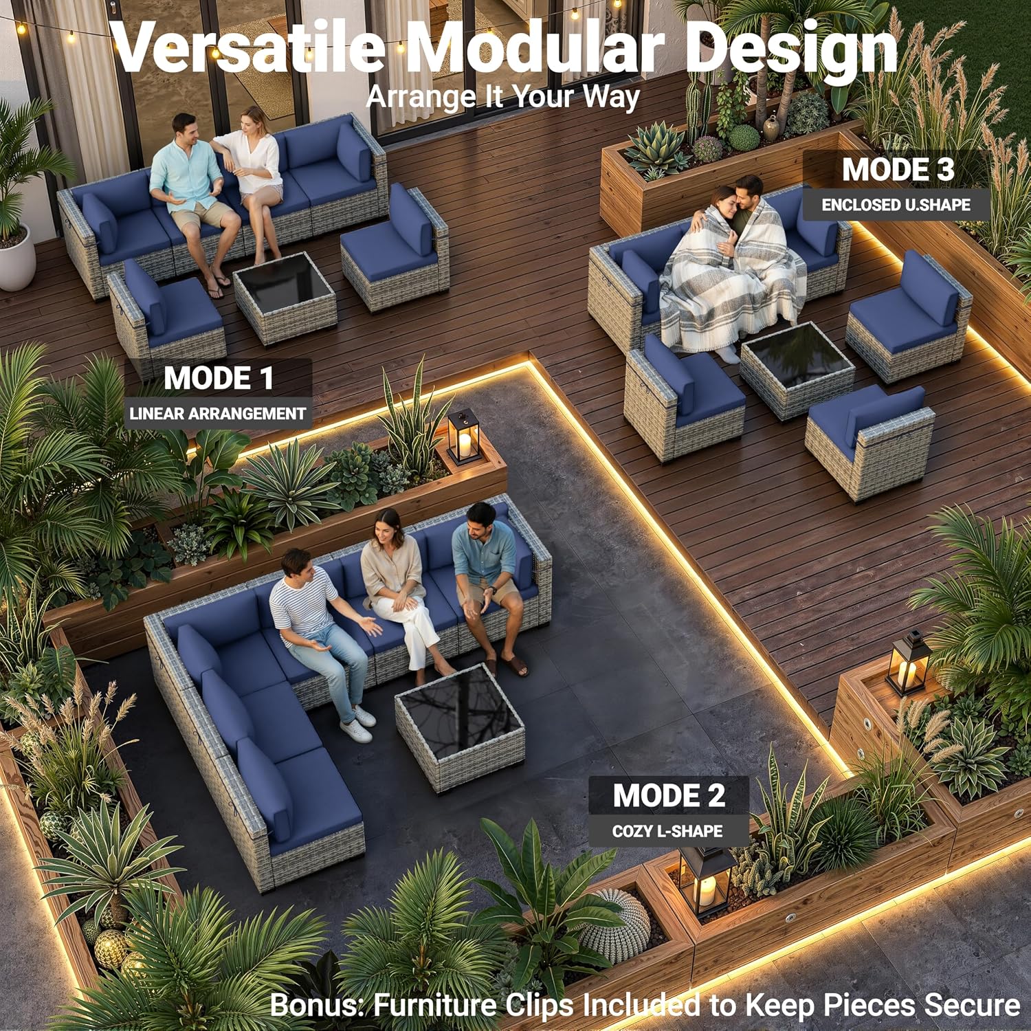 Navy Blue 7-Piece Rattan Patio Sectional Set
